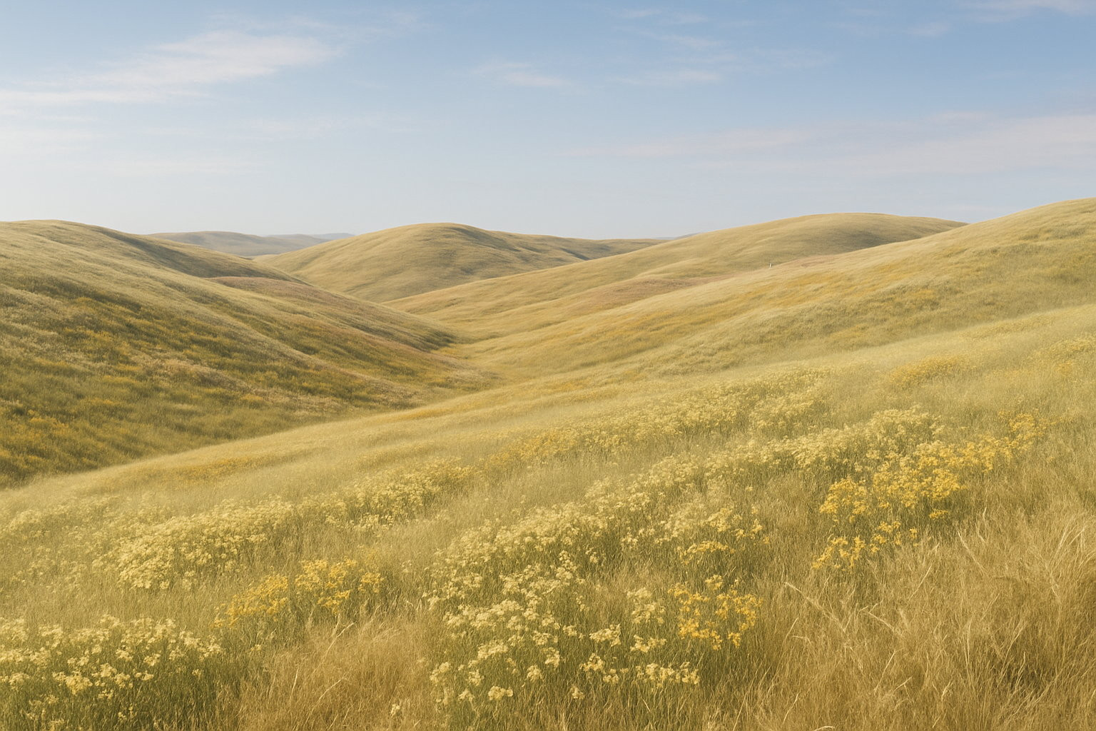 Heuvellandschap met gele bloemen.