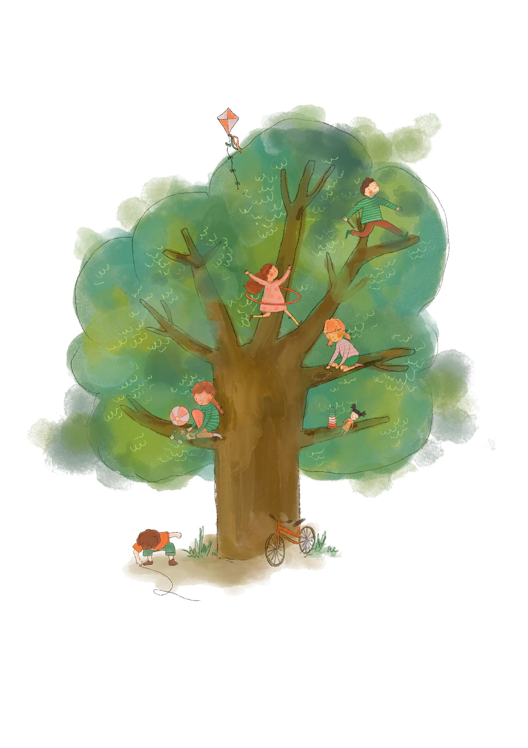 Illustratie met spelende kinderen in een boom.