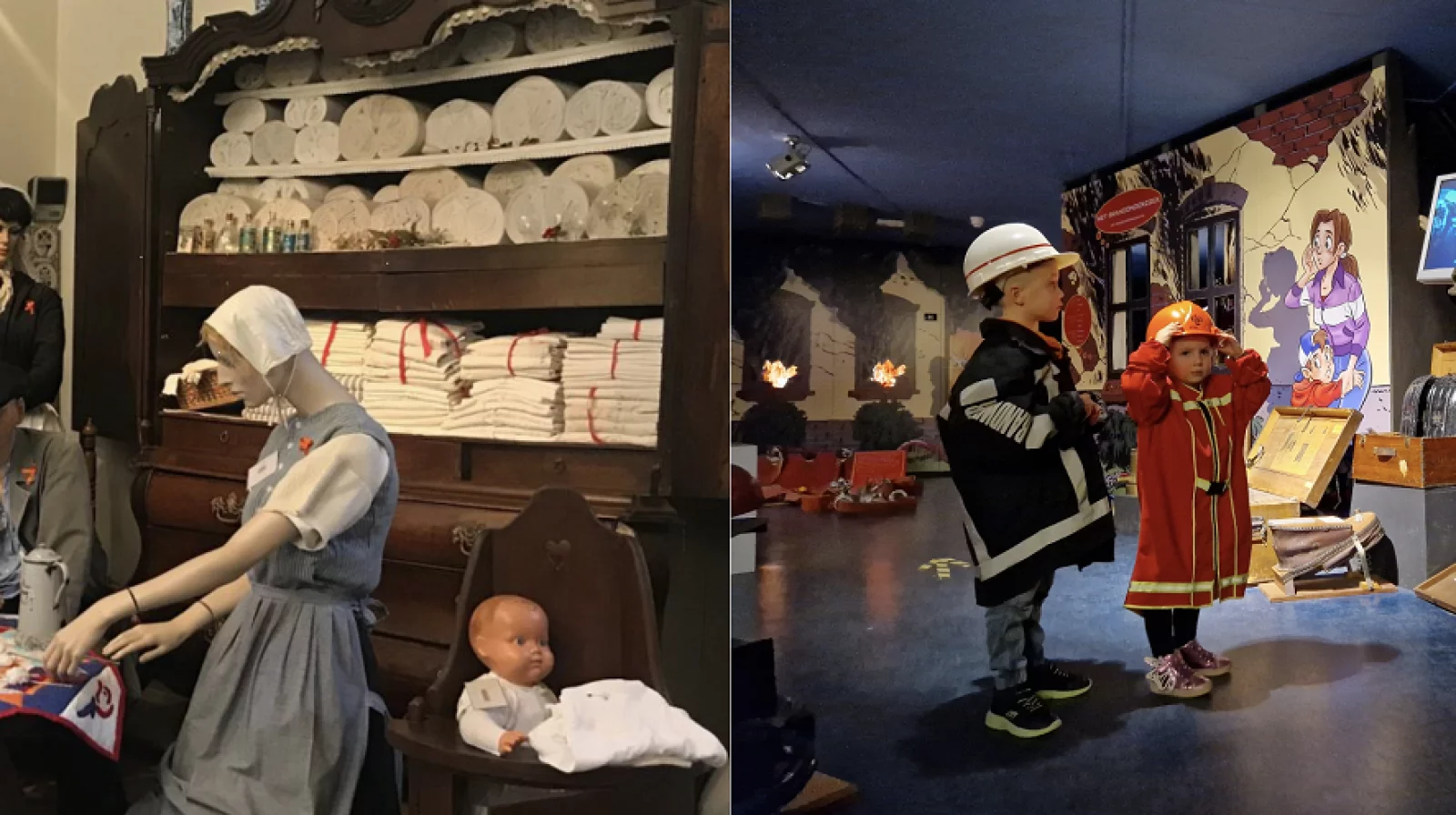 Zo gingen de Rijssenaren vroeger gekleed. Blus een brand in het brandweermuseum.